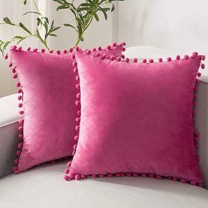 (Only Covers) Set of 2 Poms Poms Velvet Decorative Pillow Covers, Pink